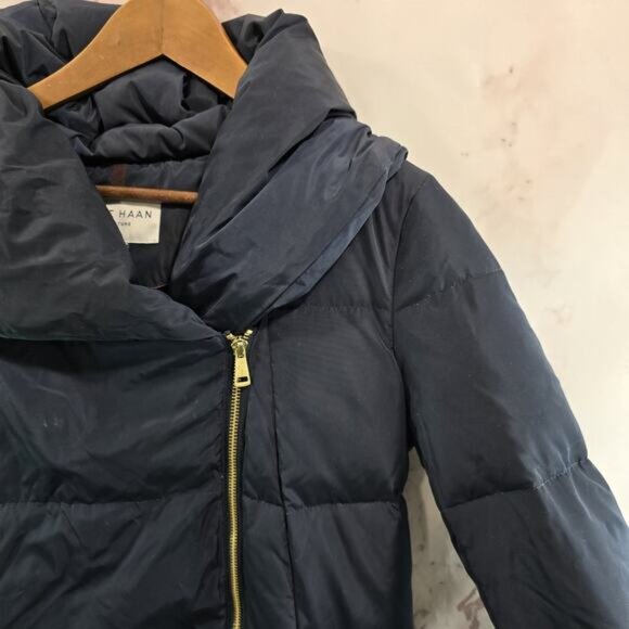Cole Haan Down Puffer Jacket Womens Medium Blue Parka Coat Hood Long Navy - Picture 11 of 11